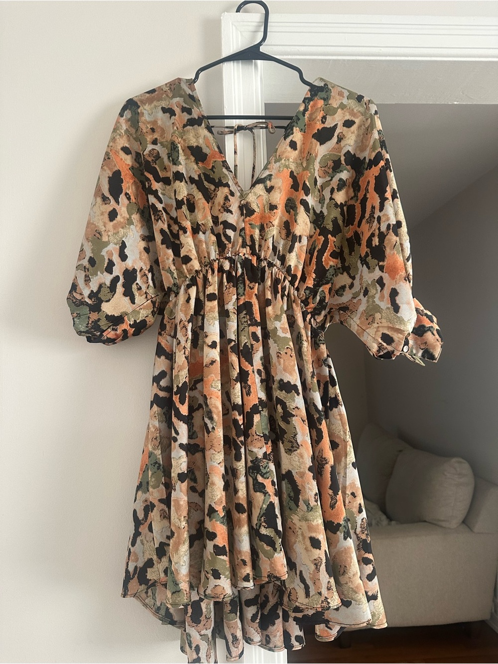 Womens V-Neck Floral Abstract Print Short Dress in Green and Orange